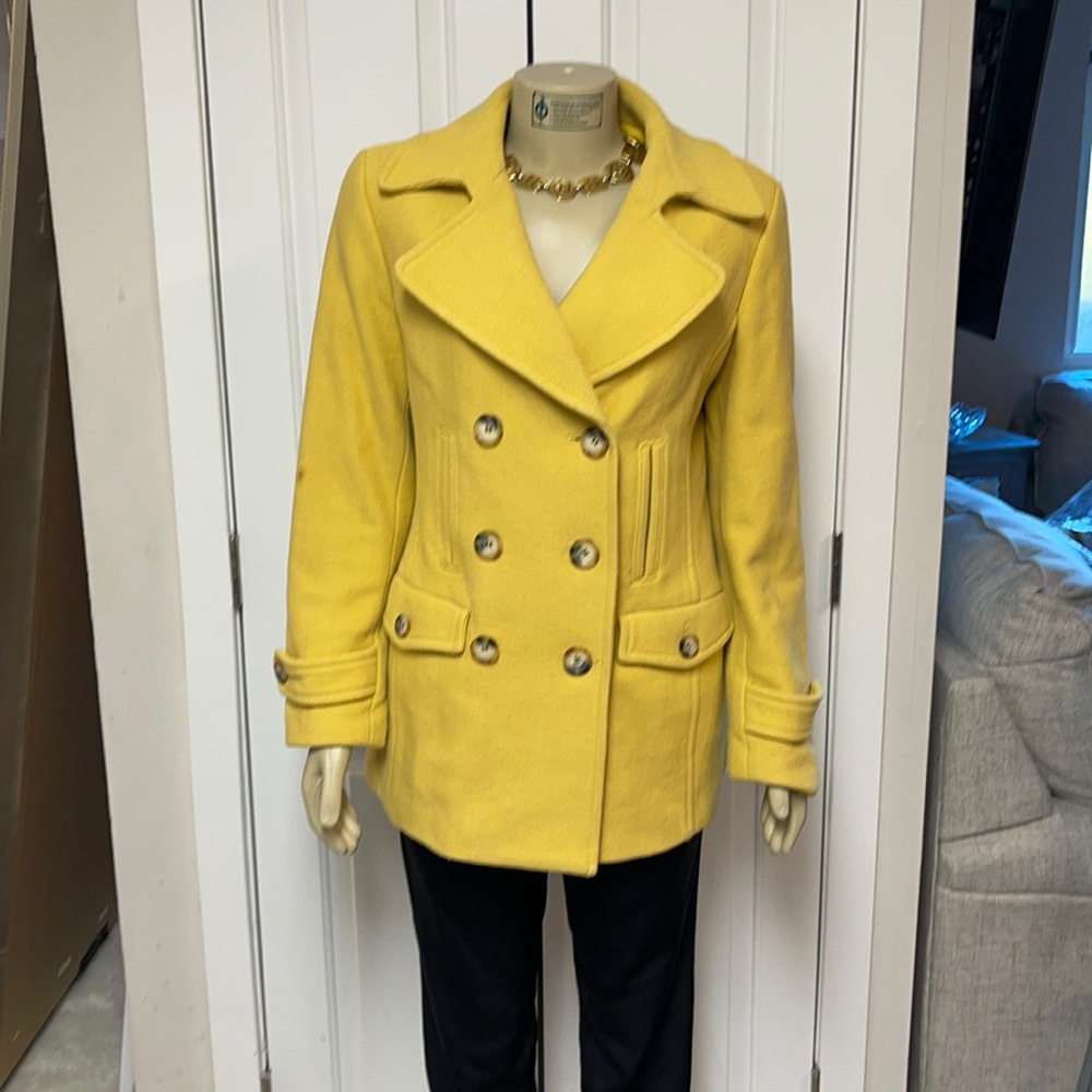 Yellow herringbone pea coat.